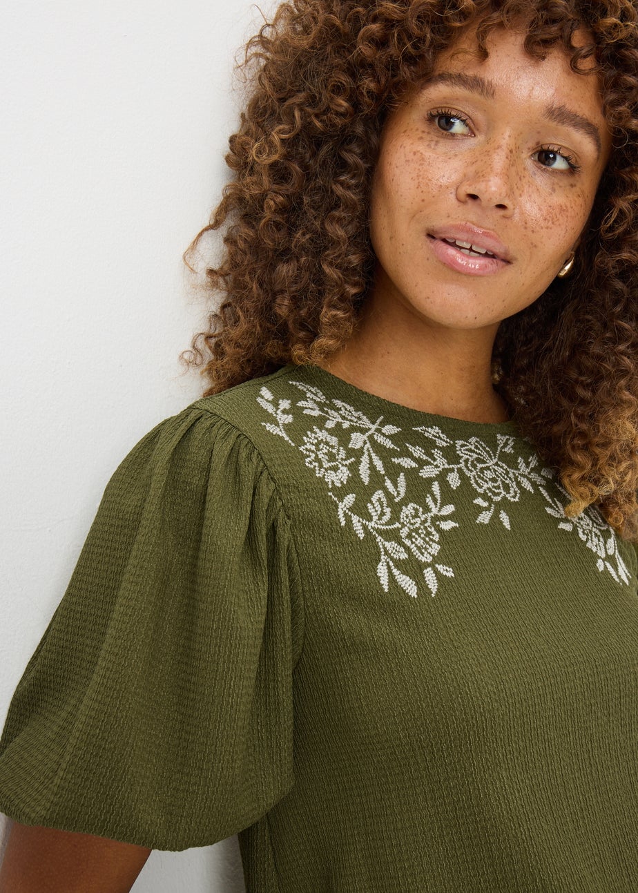 Khaki Textured Embroidered T-Shirt