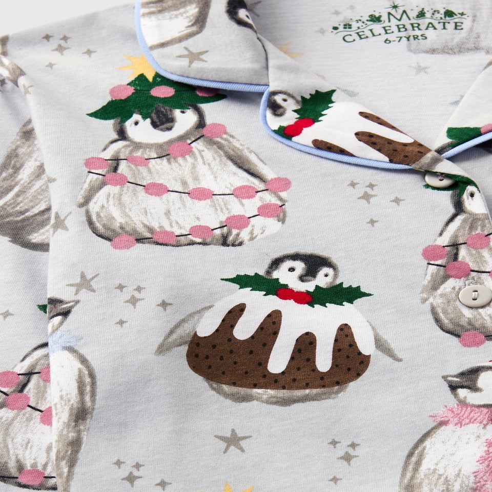 Kids Grey Penguin Christmas Family Pyjama Set (1-13yrs)