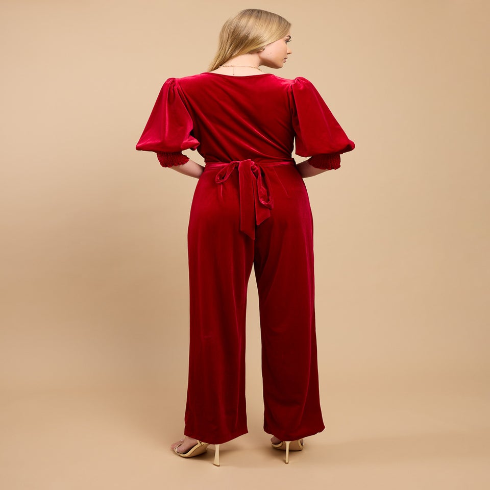 Little Mistress Ruby Red Velvet Wide Leg Jumpsuit by Vicky Pattison