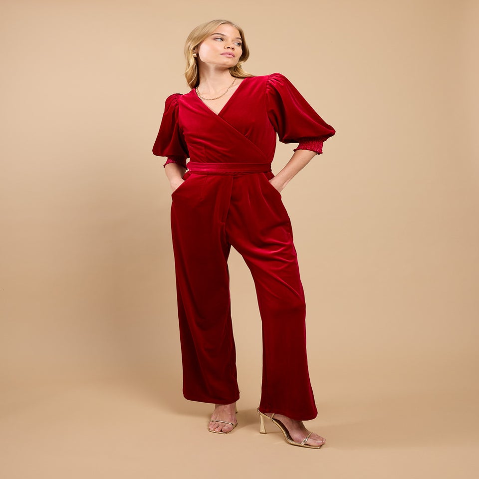 Little Mistress Ruby Red Velvet Wide Leg Jumpsuit by Vicky Pattison