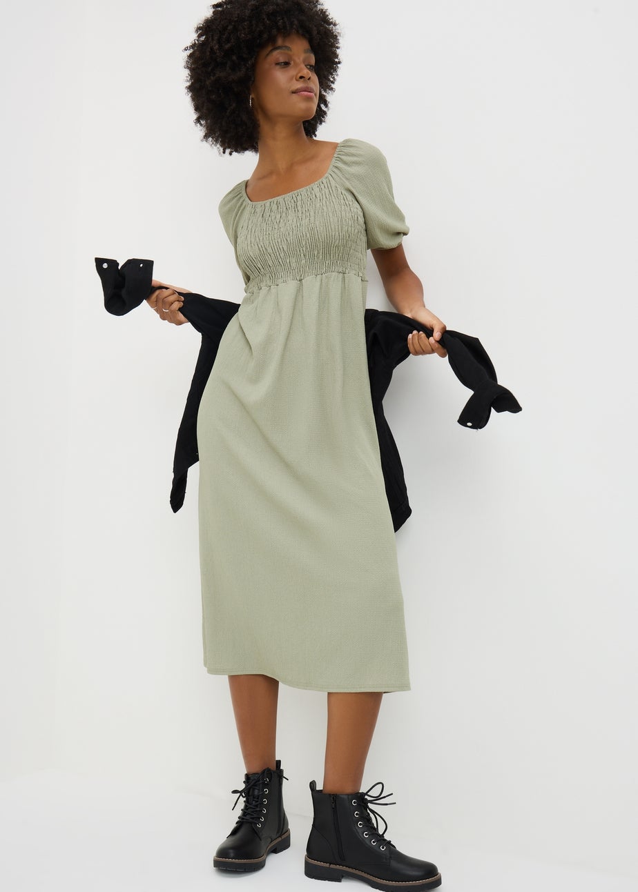 Sage Solid Shirred Midi Dress