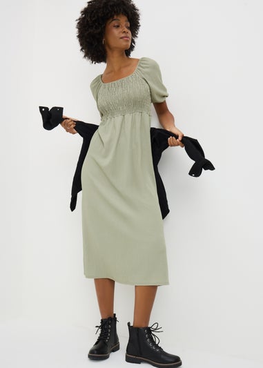 Sage Solid Shirred Midi Dress