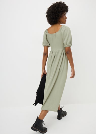 Sage Solid Shirred Midi Dress