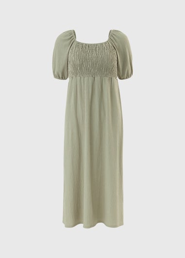 Sage Solid Shirred Midi Dress