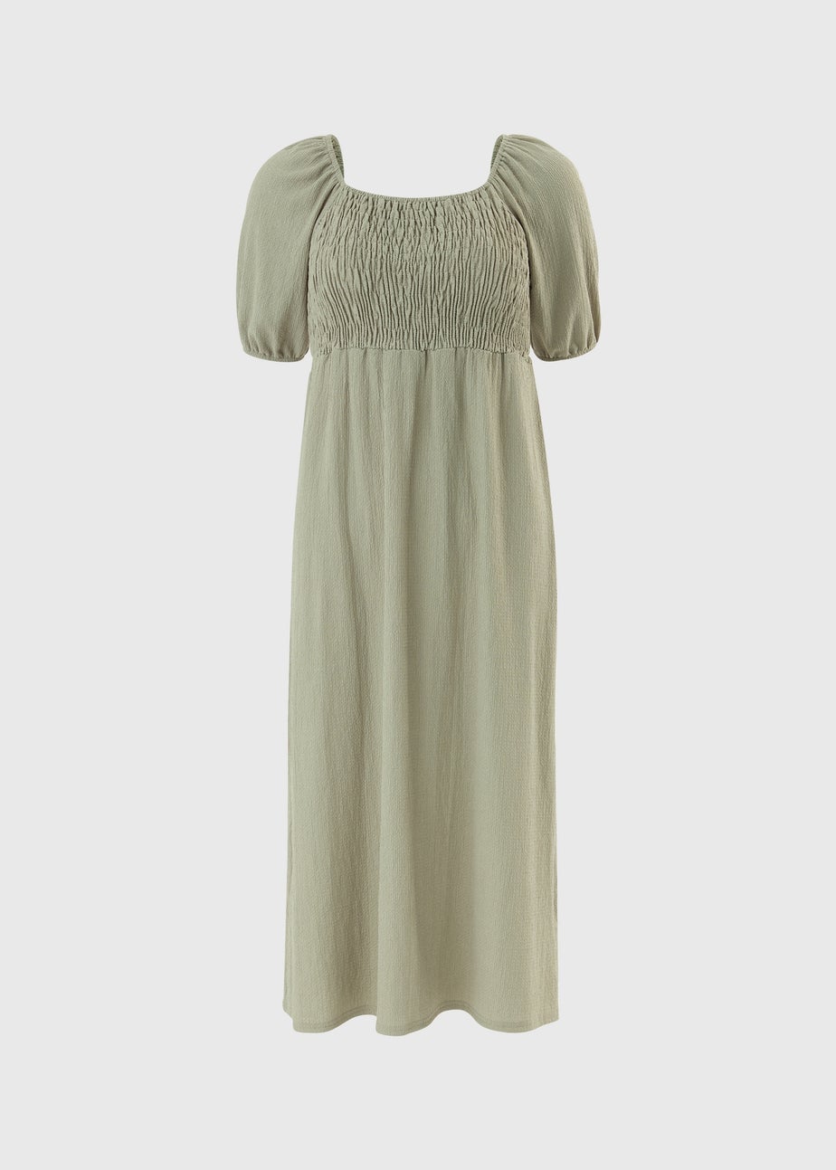 Sage Solid Shirred Midi Dress