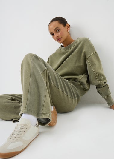 Khaki Acid Wash Wide Leg Jogging Bottoms