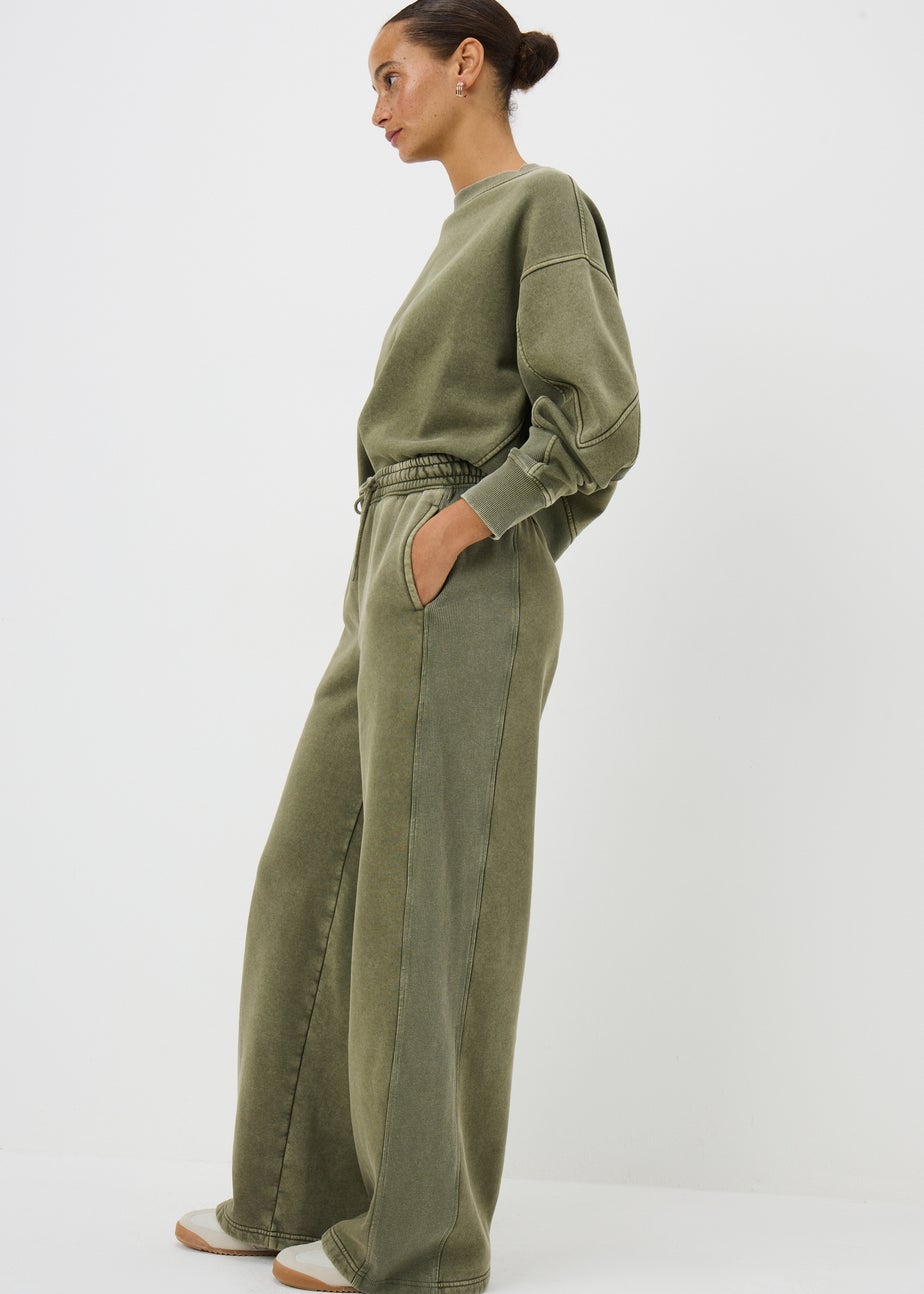 Khaki Acid Wash Wide Leg Jogging Bottoms