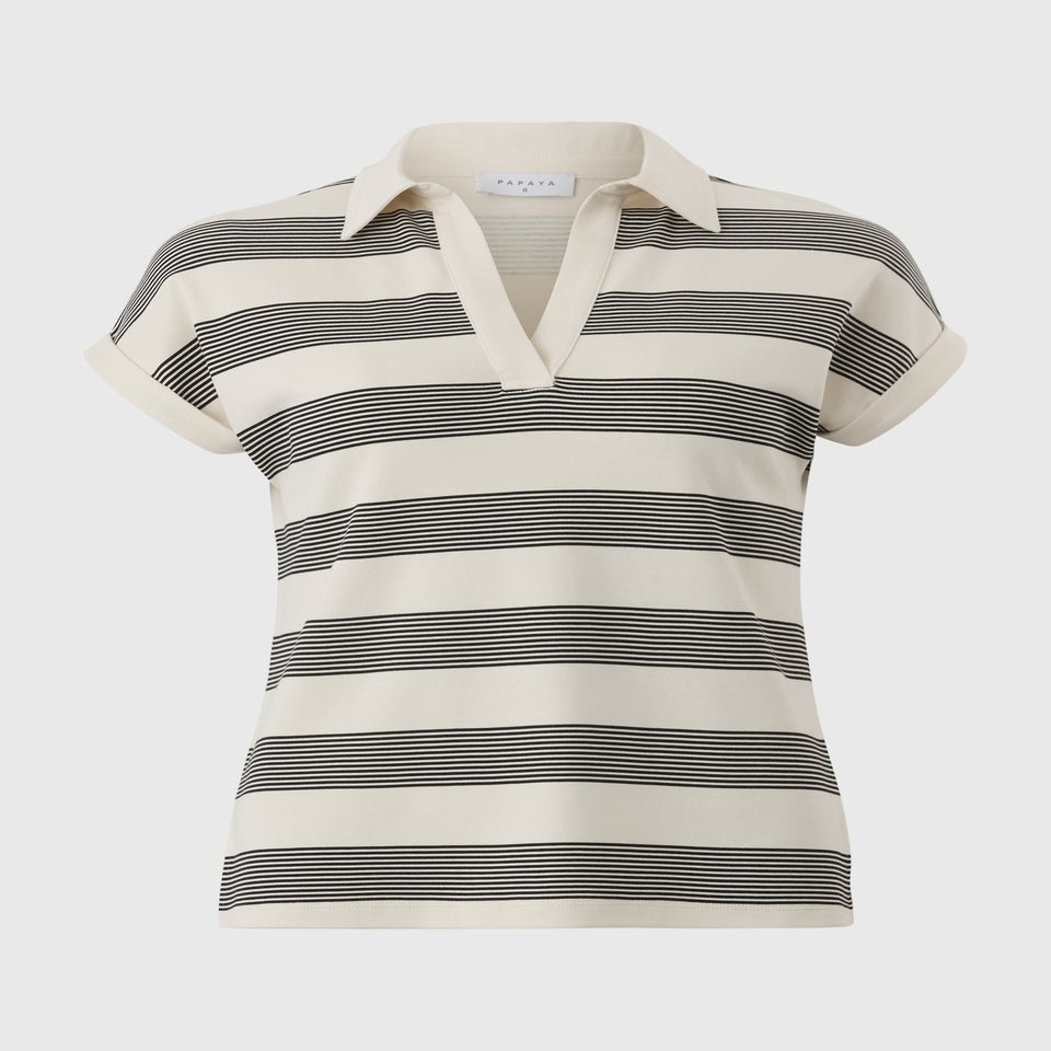 Cream Striped Sleeveless Polo Top