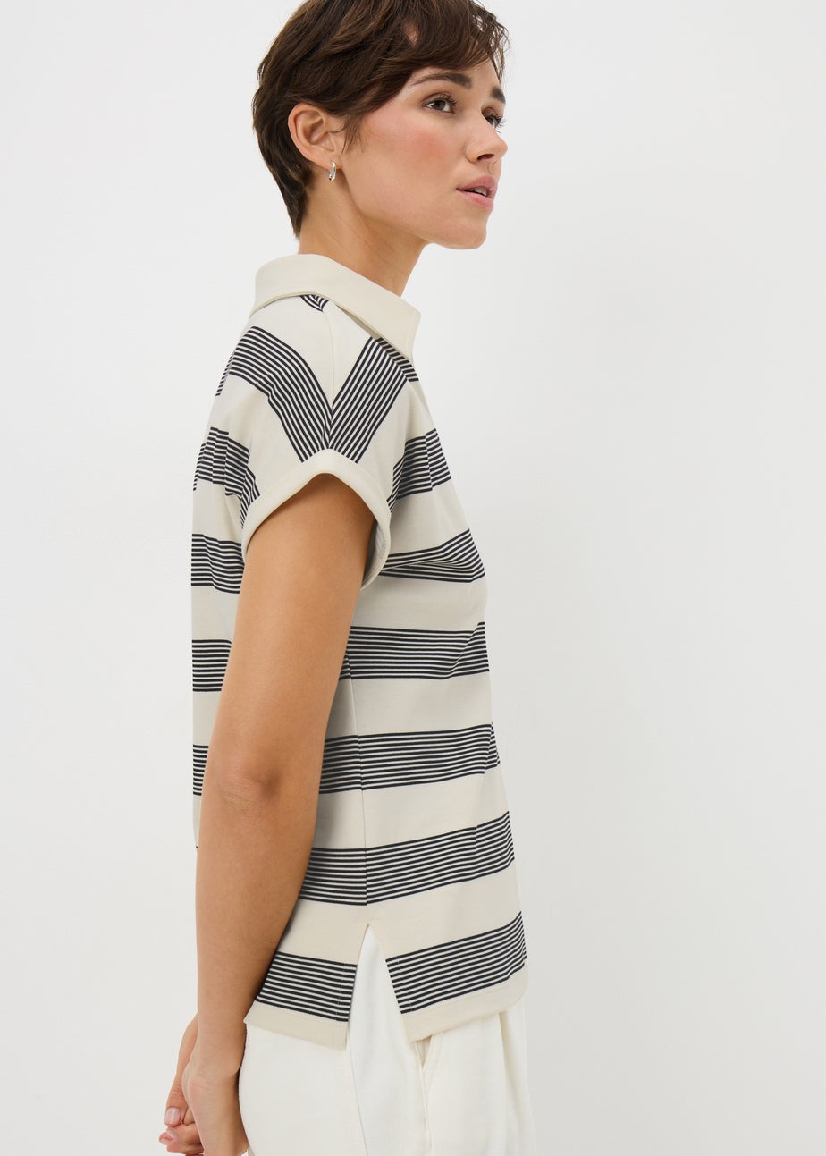 Cream Striped Sleeveless Polo Top
