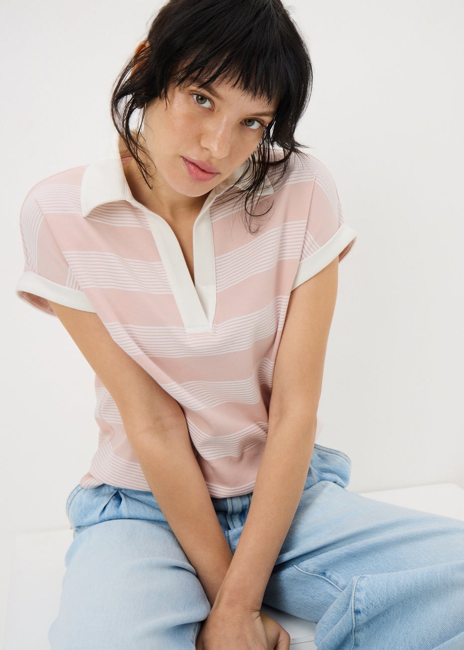 Pink Striped Sleeveless Polo Top