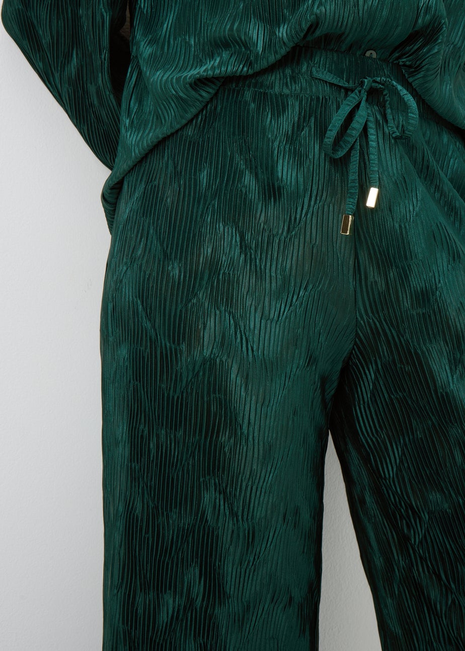Green Crinkle Plisse Co Ord Wide Leg Trousers