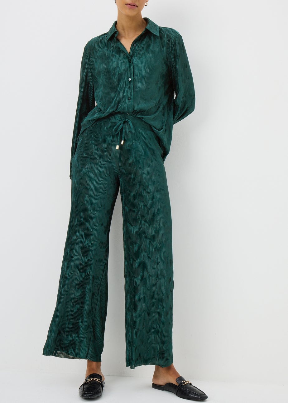 Green Crinkle Plisse Co Ord Wide Leg Trousers
