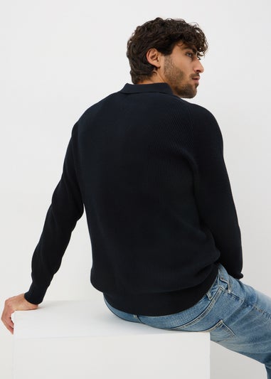 Navy Ribbed Polo Top