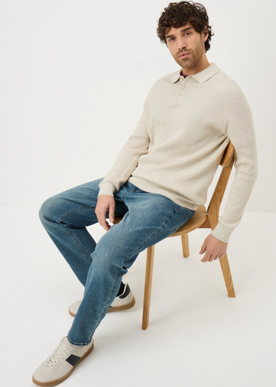 Ecru Ribbed Long Sleeve Polo Top