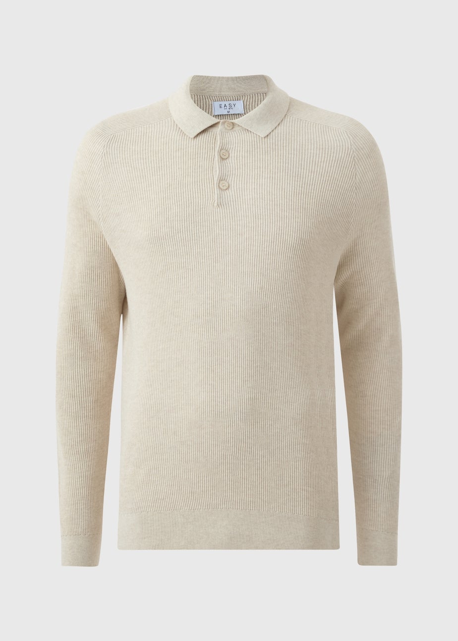 Ecru Ribbed Long Sleeve Polo Top