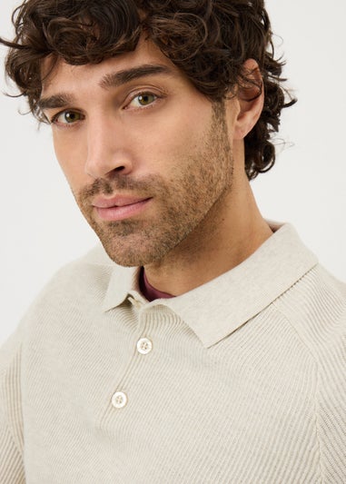 Ecru Ribbed Long Sleeve Polo Top