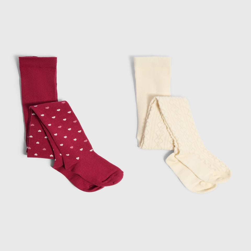 2 Pack Girls Red & Cream Heart Tights (2-9yrs)