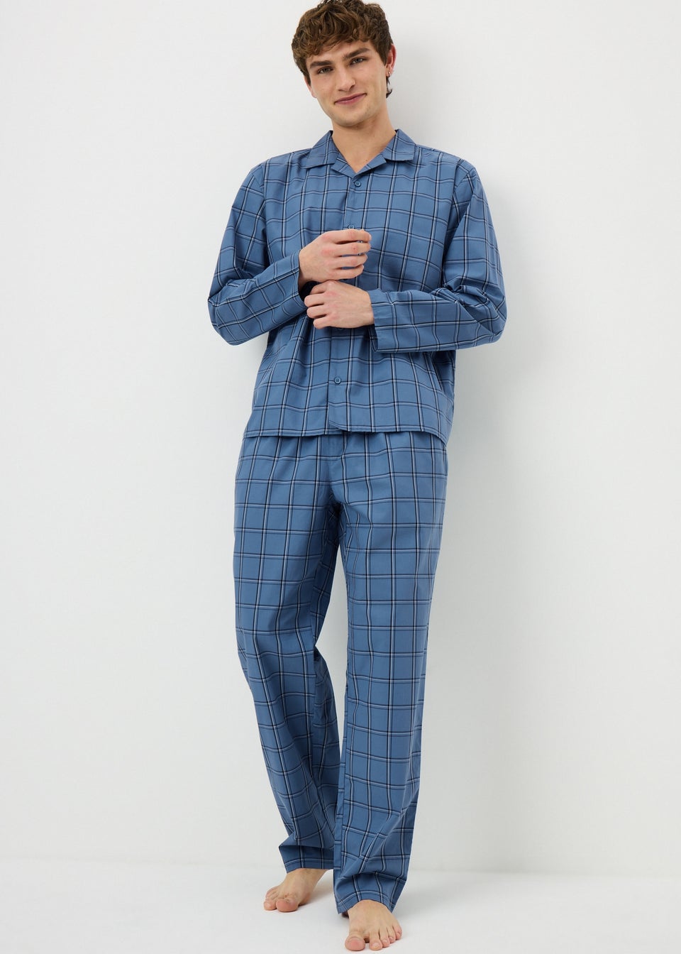Blue Cotton Woven Check Pyjama Set