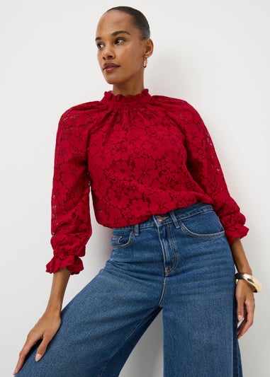 Red Lace High Neck Blouse