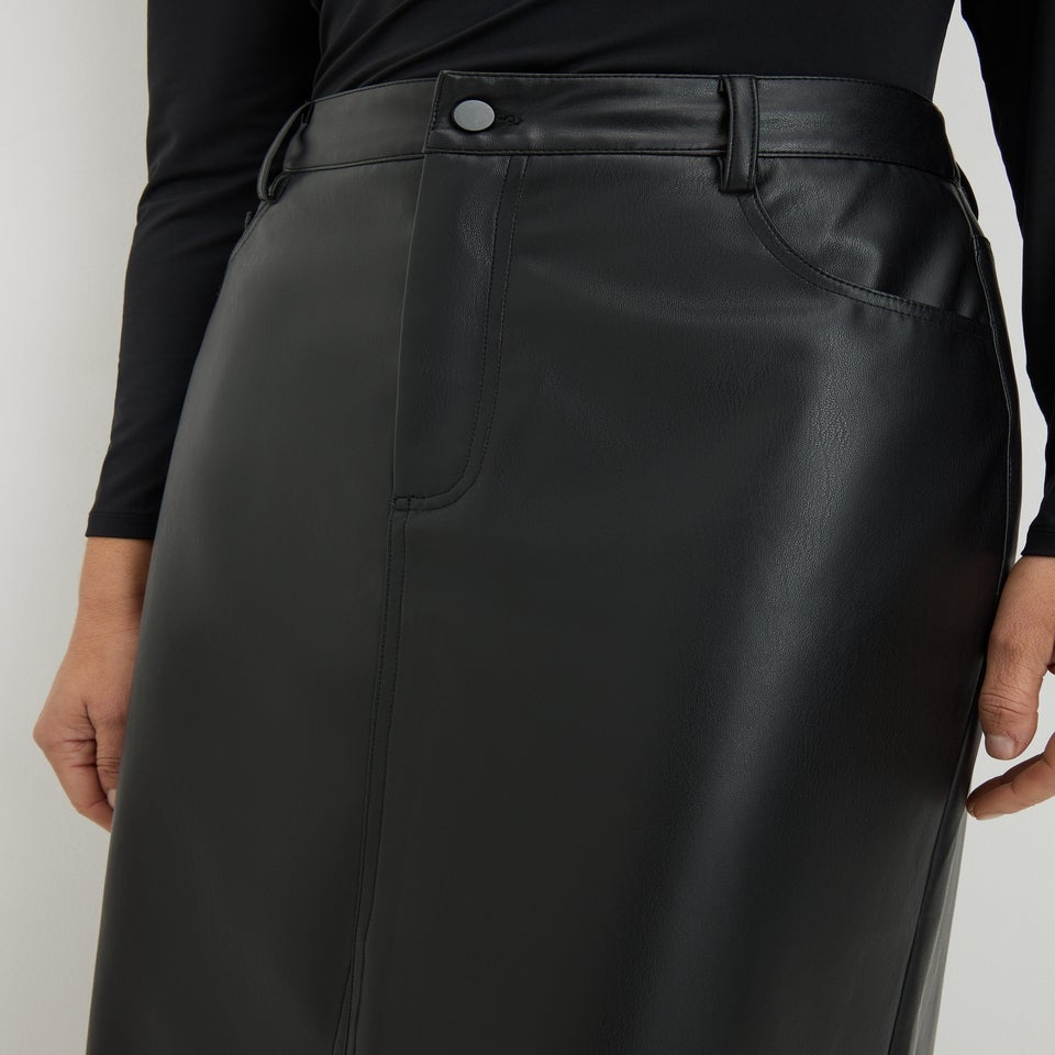 Black Faux Leather Midi Skirt