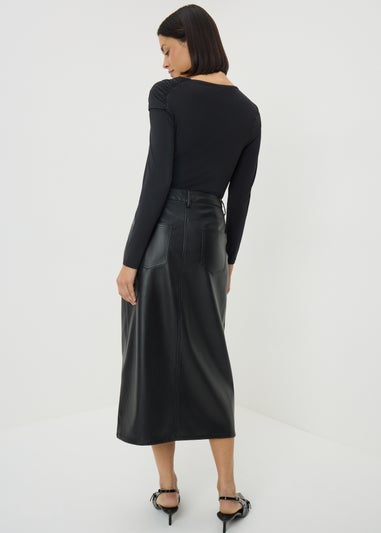 Black Faux Leather Midi Skirt