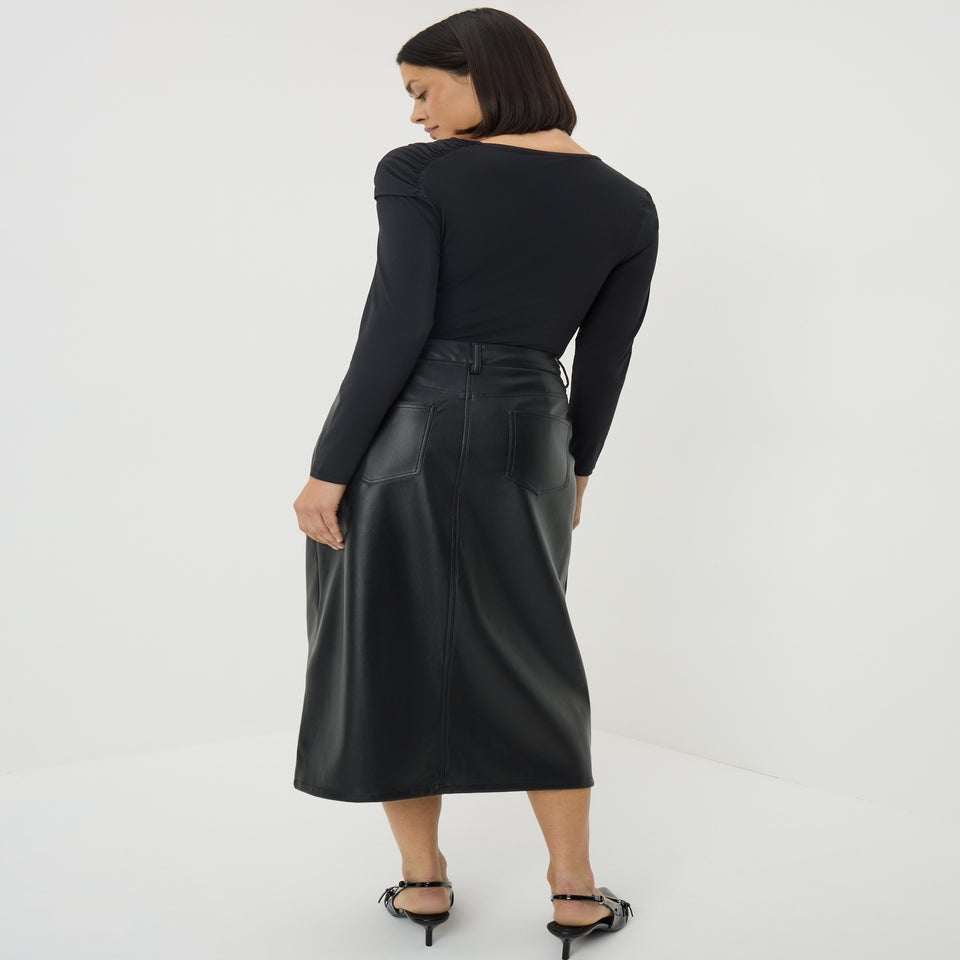 Black Faux Leather Midi Skirt