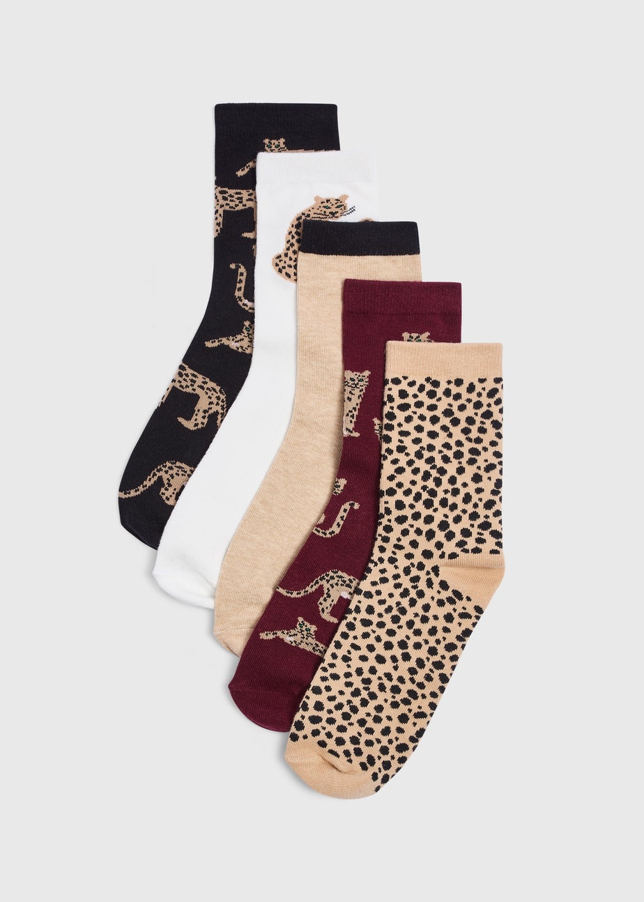 5 Pack Beige Animal Print Ankle Socks
