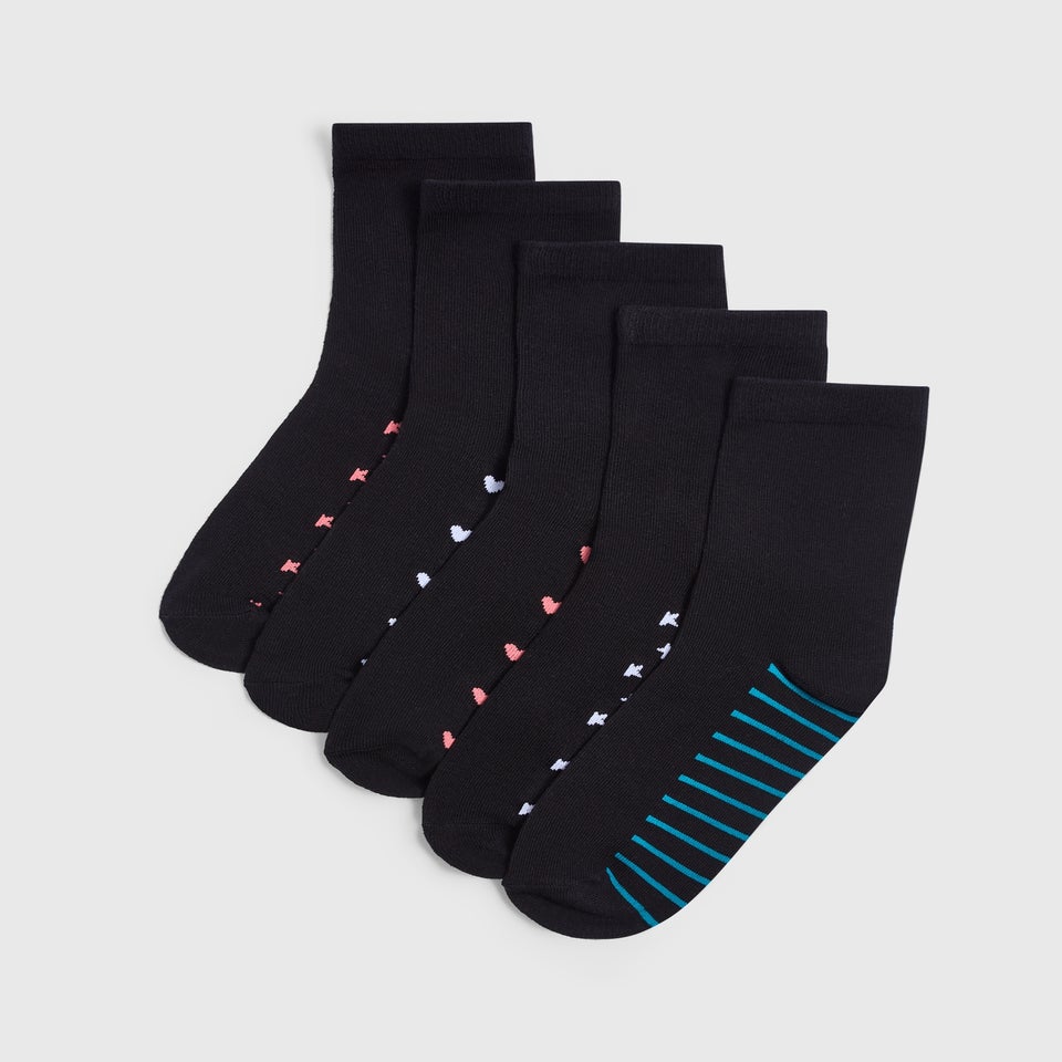 5 Pack Black Footbed Design Ankle Socks