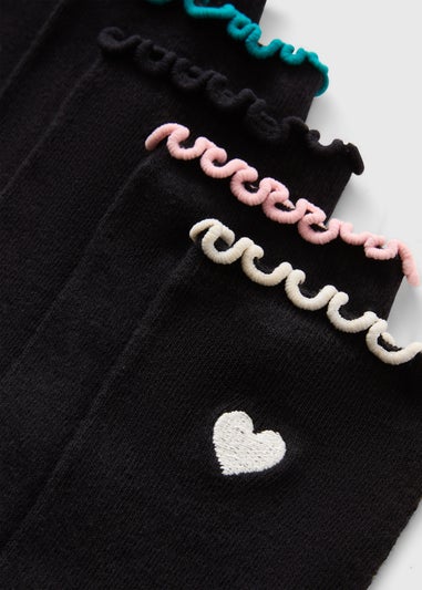 5 Pack Black Heart Embroidered Frill Socks