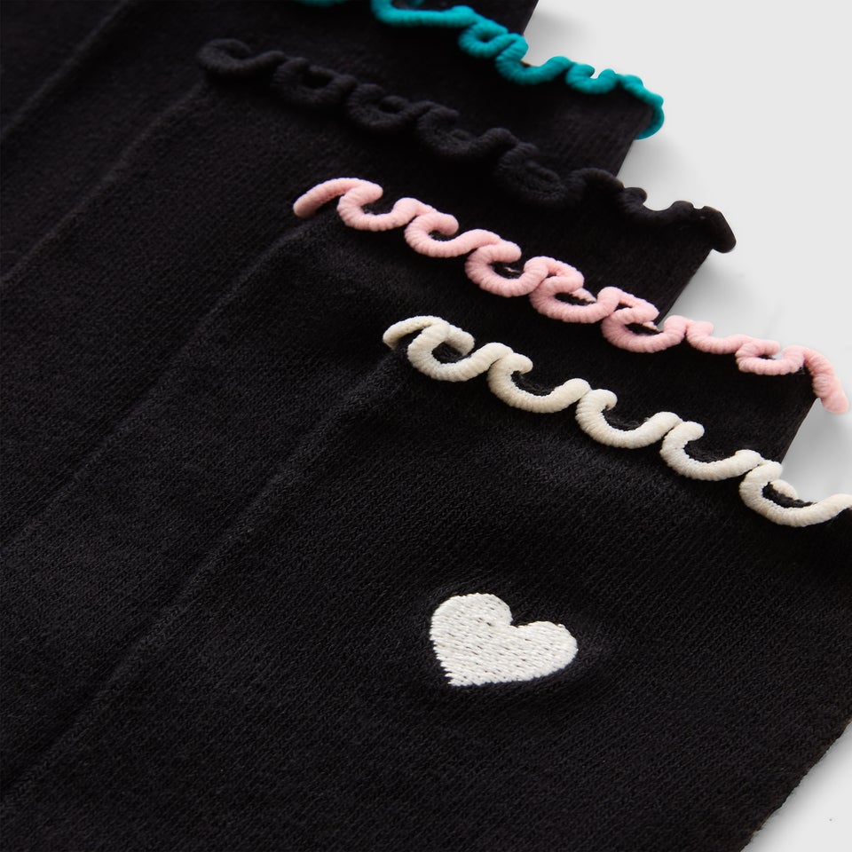 5 Pack Black Heart Embroidered Frill Socks