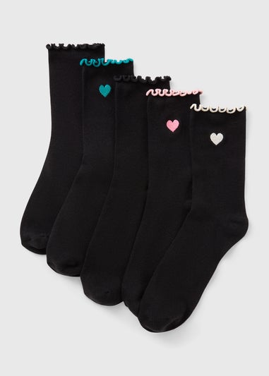 5 Pack Black Heart Embroidered Frill Socks