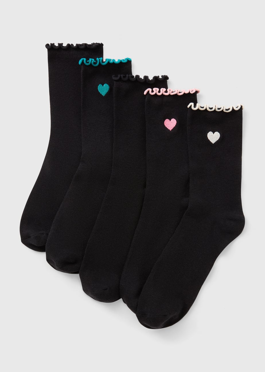 5 Pack Black Heart Embroidered Frill Socks