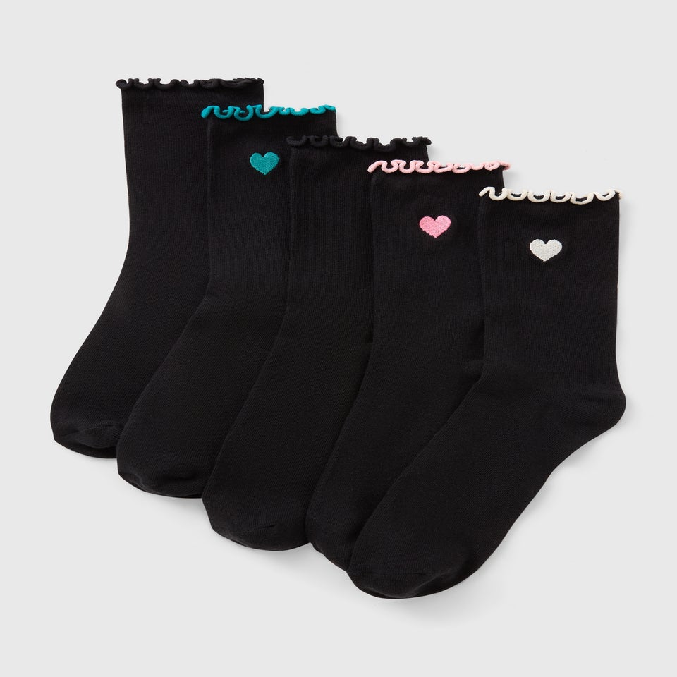5 Pack Black Heart Embroidered Frill Socks