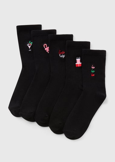 5 Pack Black Christmas Character Embroidered Socks