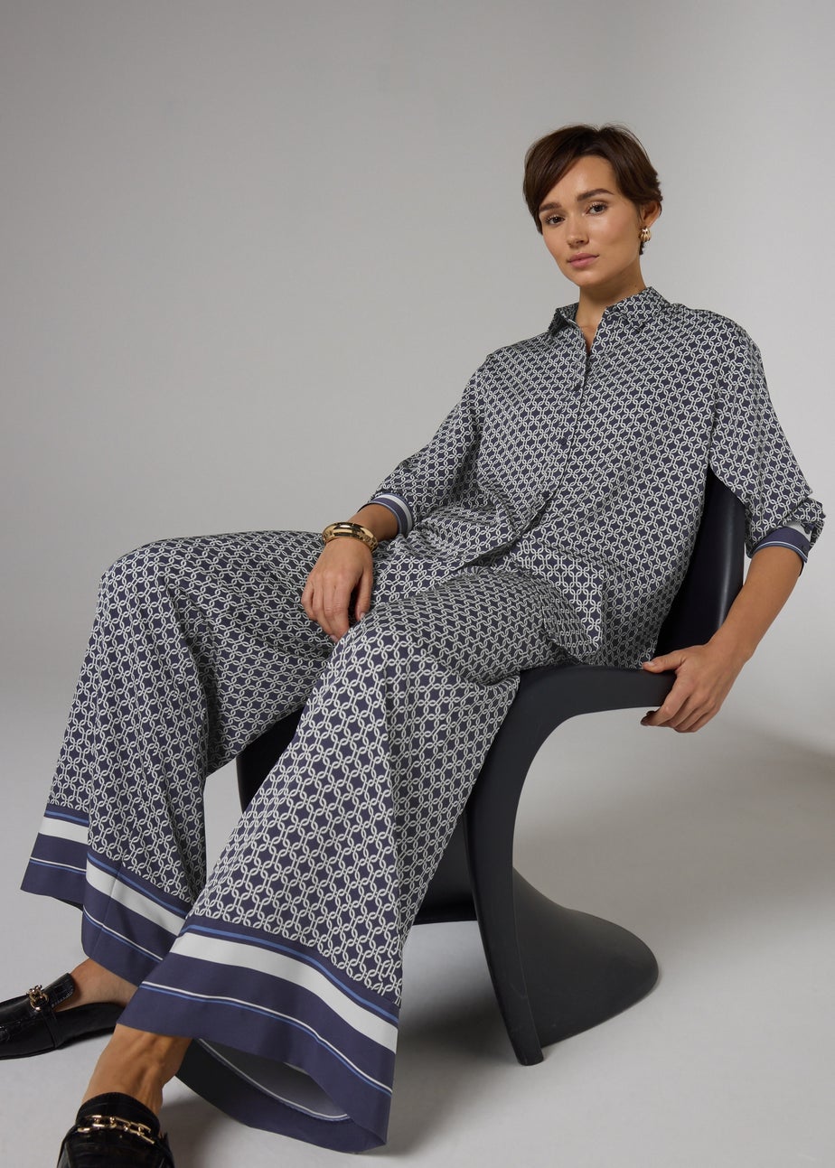 Et Vous Navy Chain Print Satin Blouse