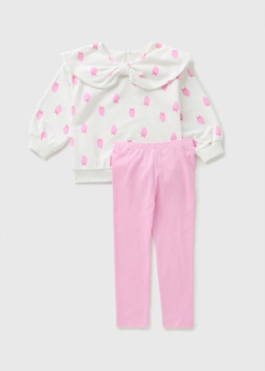 Girls Pink Strawberry Bow Collar Sweatshirt & Legging Set (1-7yrs)