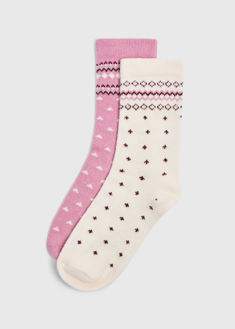 2 Pack Pink & Cream Fairisle Thermal Socks