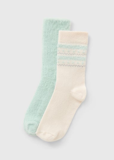 2 Pack Cream & Green Geo Pattern Thermal Socks
