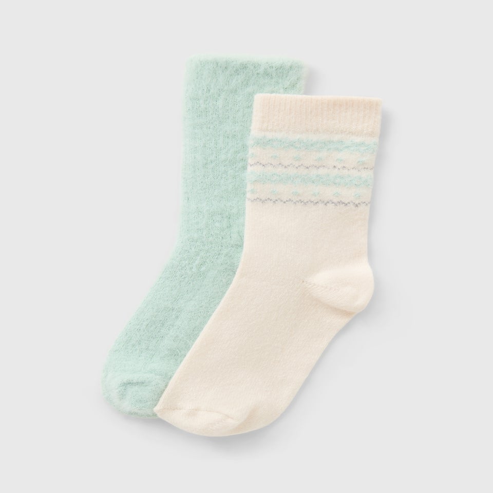 2 Pack Cream & Green Geo Pattern Thermal Socks
