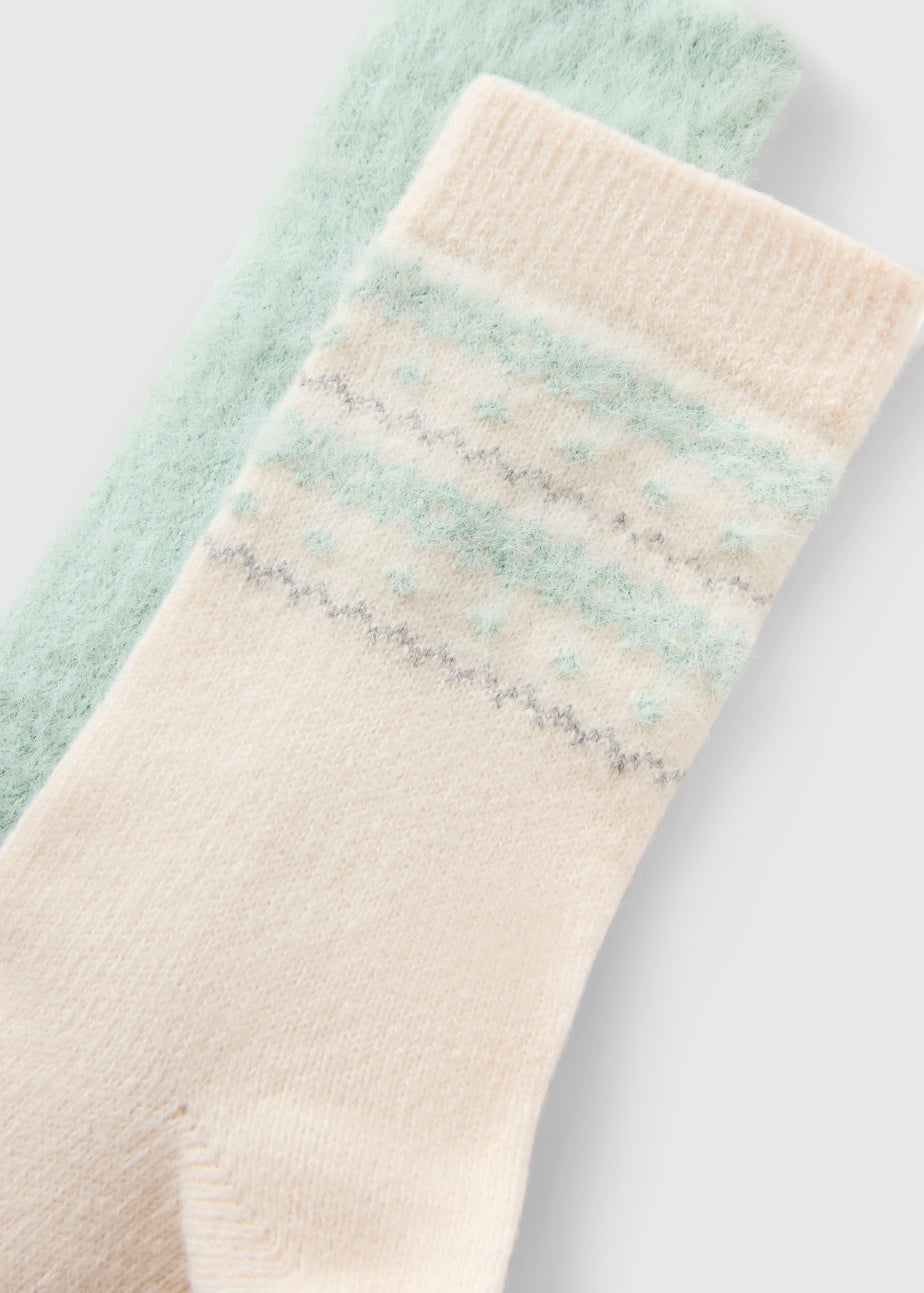 2 Pack Cream & Green Geo Pattern Thermal Socks