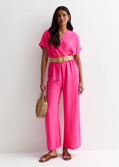 Gini London Pink Short Sleeves Elasticated Waist Belted Jumpsuit