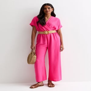Gini London Pink Short Sleeves Elasticated Waist Belted Jumpsuit