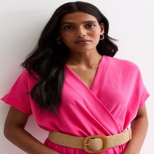 Gini London Pink Short Sleeves Elasticated Waist Belted Jumpsuit