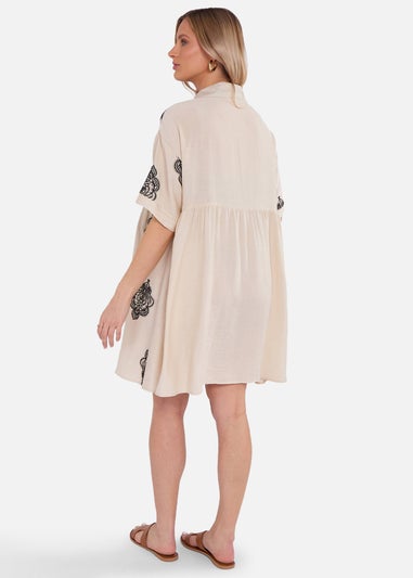 Gini London Beige Embroidery Smock Oversized Mini Shirt Dress