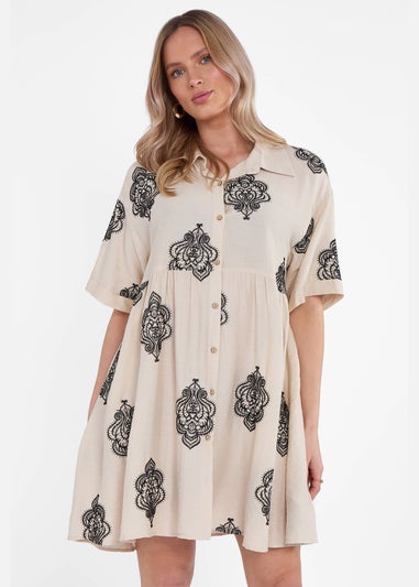 Gini London Beige Embroidery Smock Oversized Mini Shirt Dress