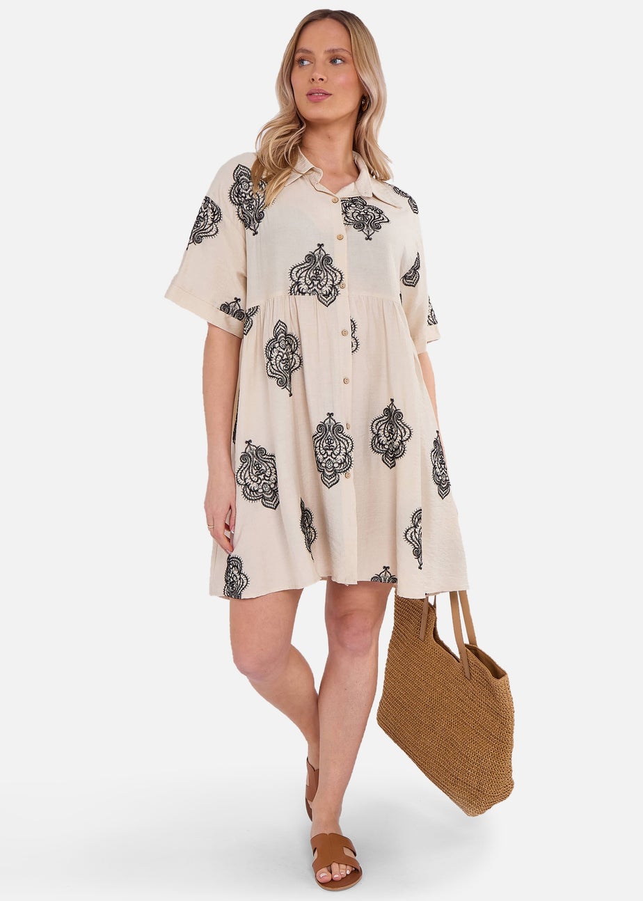 Gini London Beige Embroidery Smock Oversized Mini Shirt Dress