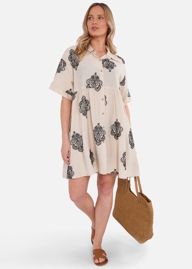 Gini London Beige Embroidery Smock Oversized Mini Shirt Dress