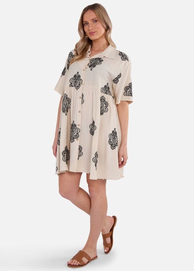 Gini London Beige Embroidery Smock Oversized Mini Shirt Dress