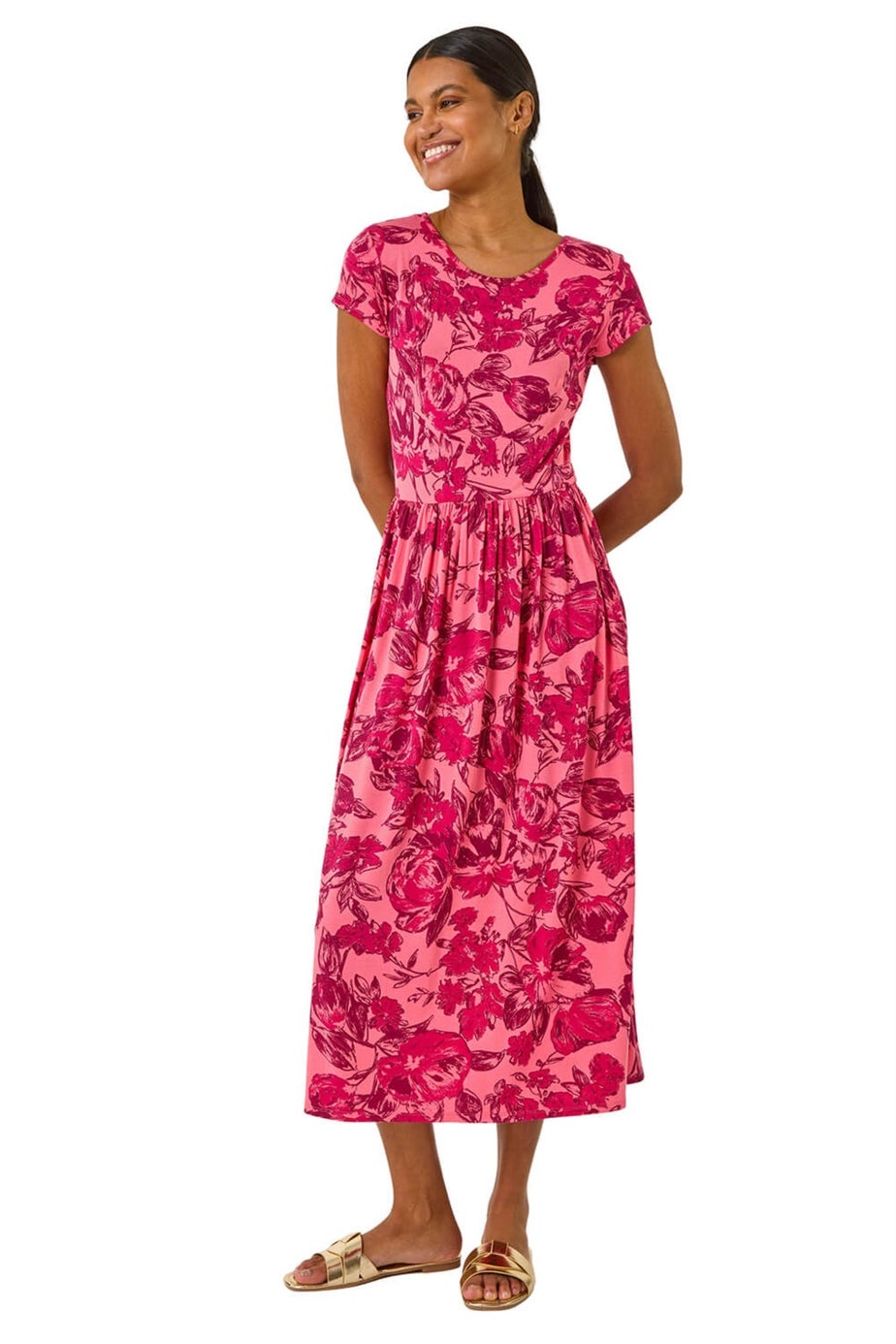 Roman Pink Floral Print Pocket Midi Dress