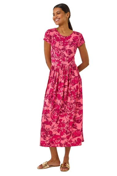 Roman Pink Floral Print Pocket Midi Dress
